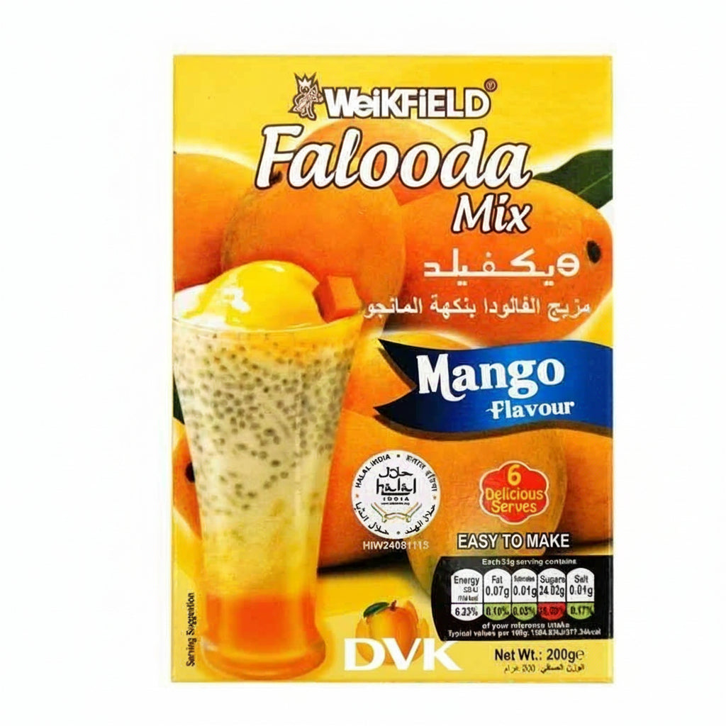 Weikfield Falooda Mix Mango Flavour packaging with a glass of falooda and mangoes on a white background.