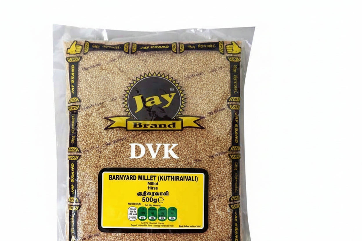 Packaged barnyard millet from Jay Brand on a white background
