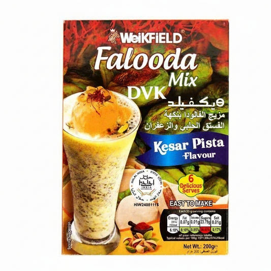 Weikfield Falooda Mix Kesar Pista Flavour packaging with a glass of falooda and ingredients.