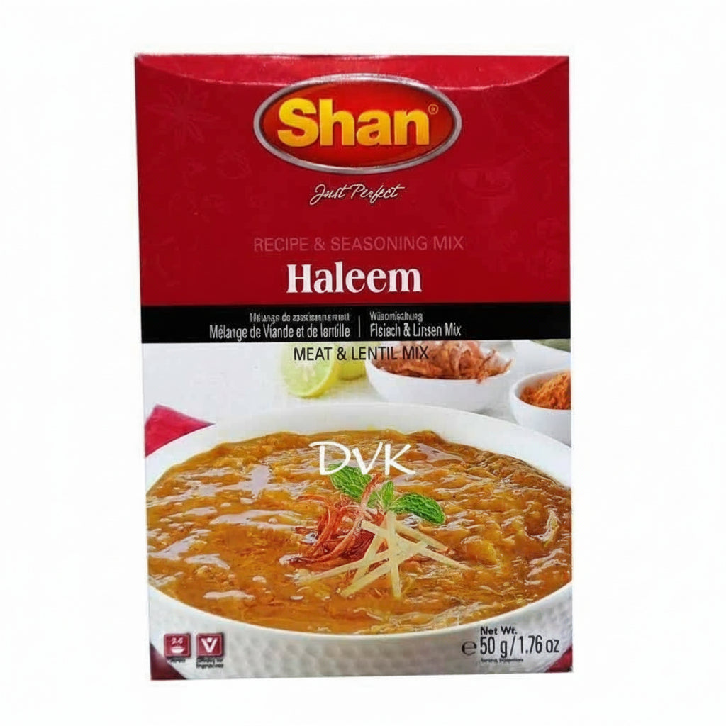 Shan Haleem seasoning mix packaging with a bowl of Haleem on a white background