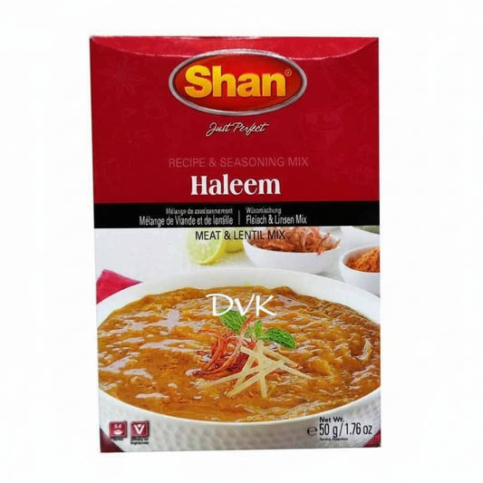Shan Haleem seasoning mix packaging with a bowl of Haleem on a white background