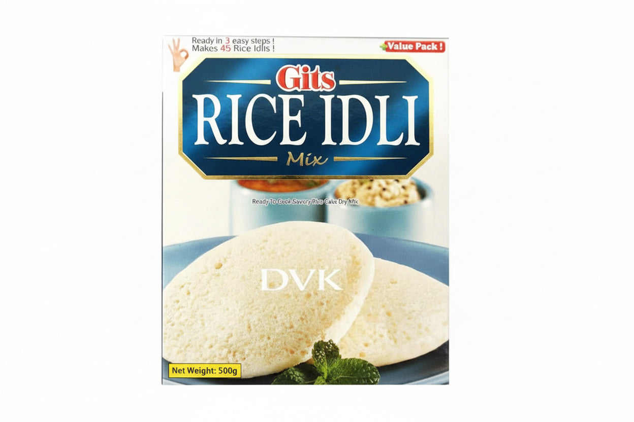 Box of Gits Rice Idli Mix with a plate of idlis on a white background