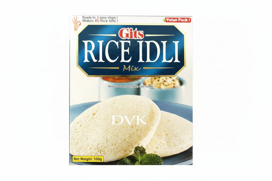 Box of Gits Rice Idli Mix with a plate of idlis on a white background