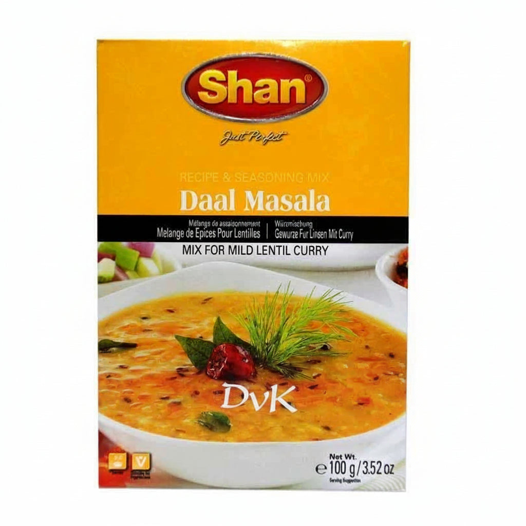 Shan Daal Masala spice mix packaging with a bowl of daal masala in the background.