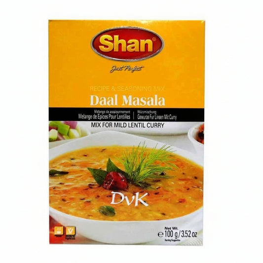 Shan Daal Masala spice mix packaging with a bowl of daal masala in the background.