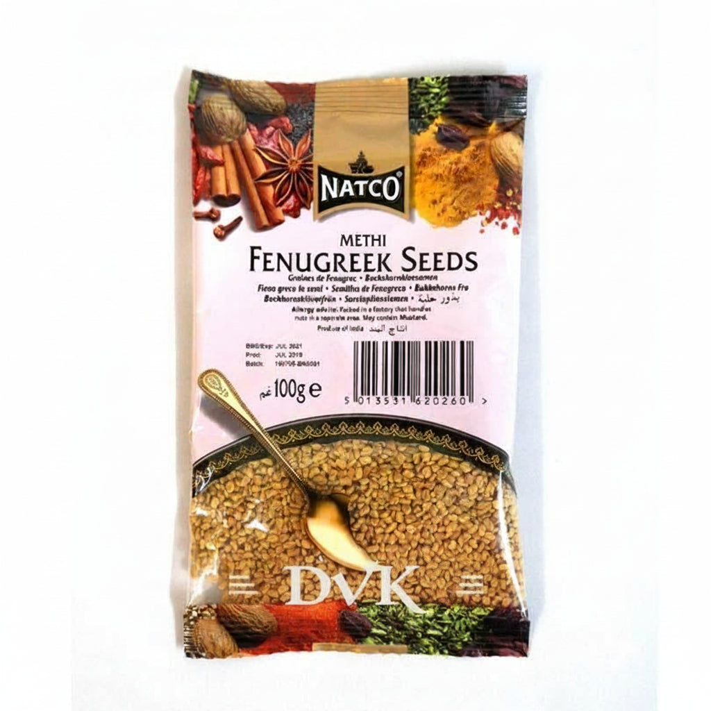 Package of Natco Fenugreek Seeds with images of spices on a white background