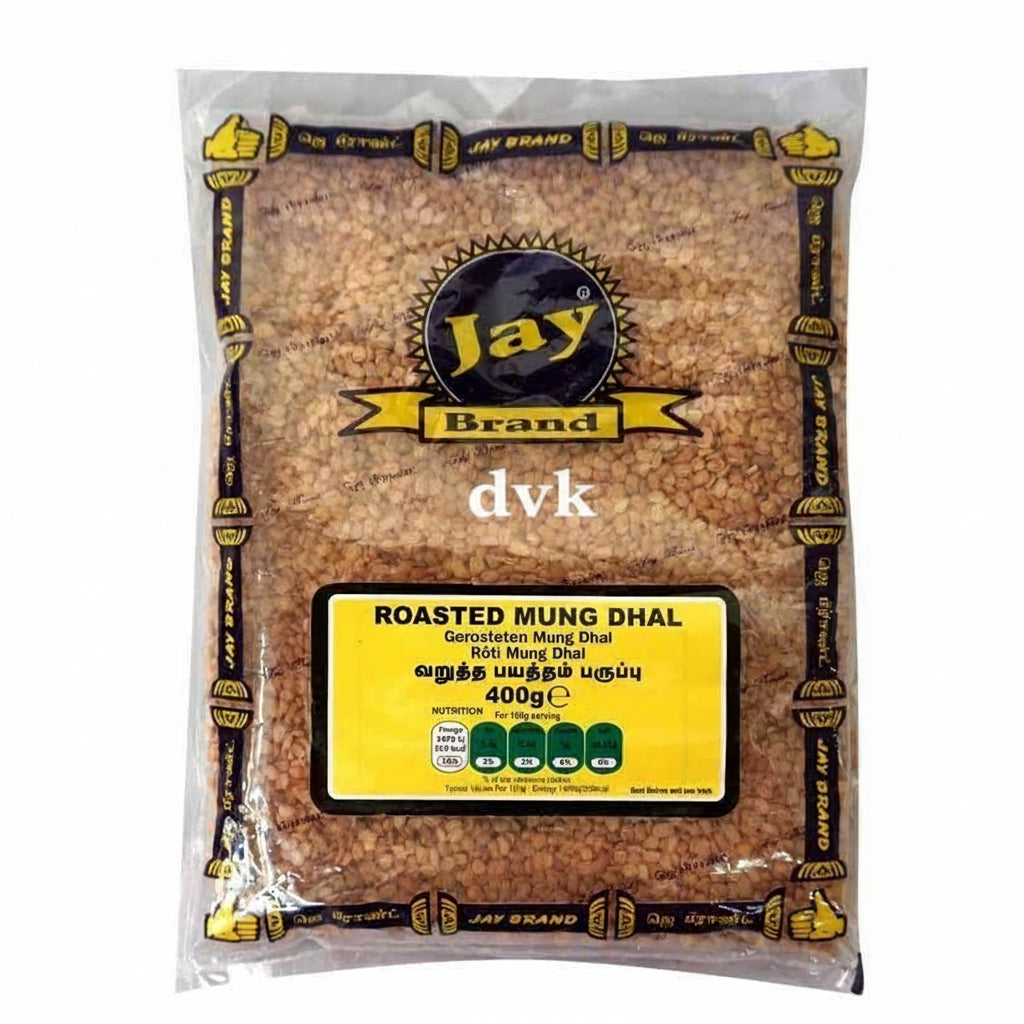 Packaged roasted mung dhal with Jay Brand label on a white background