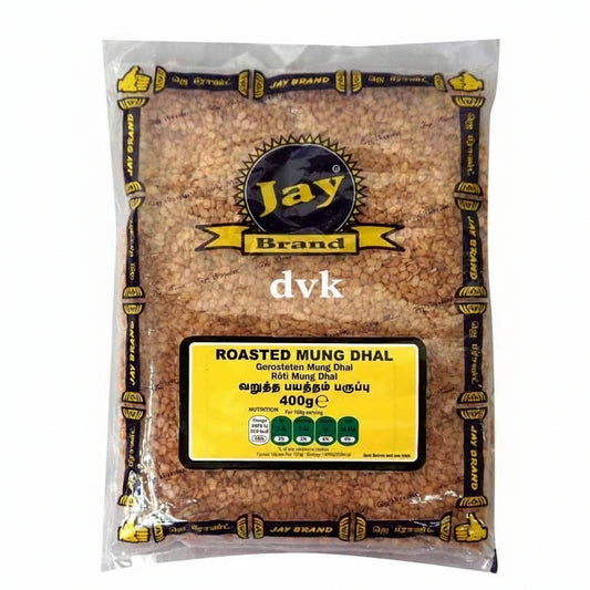 Packaged roasted mung dhal with Jay Brand label on a white background