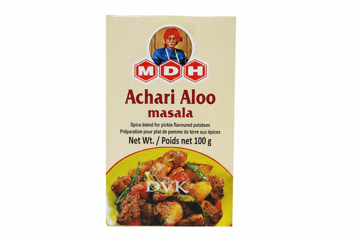 MDH Achari Aloo masala spice blend packaging with a picture of a spice mix on a white background