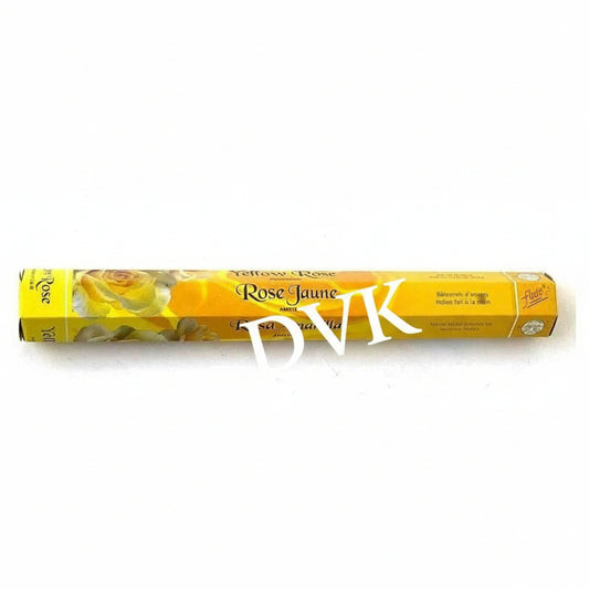 Yellow incense stick packaging with rose design on a white background
