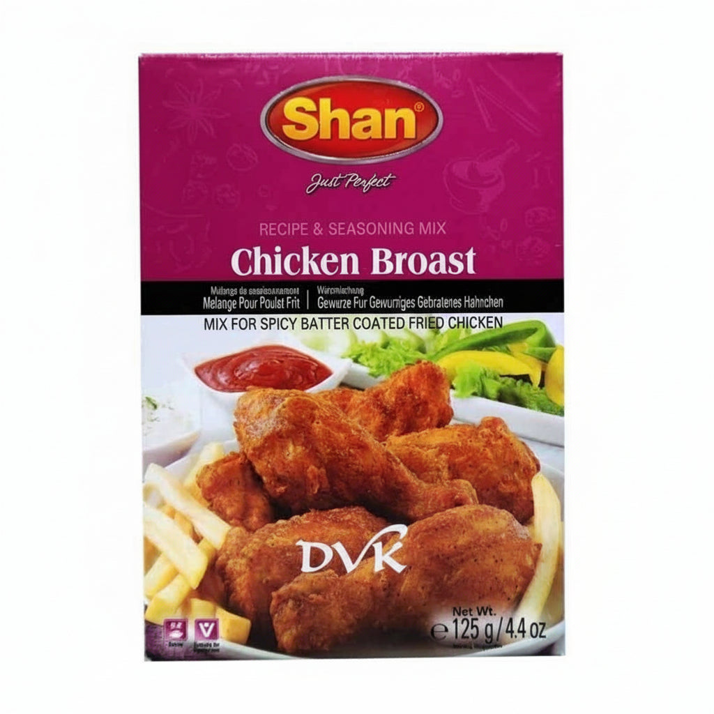 Shan Chicken Broast seasoning mix packaging with fried chicken and sides on a white background