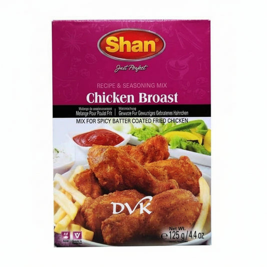Shan Chicken Broast seasoning mix packaging with fried chicken and sides on a white background