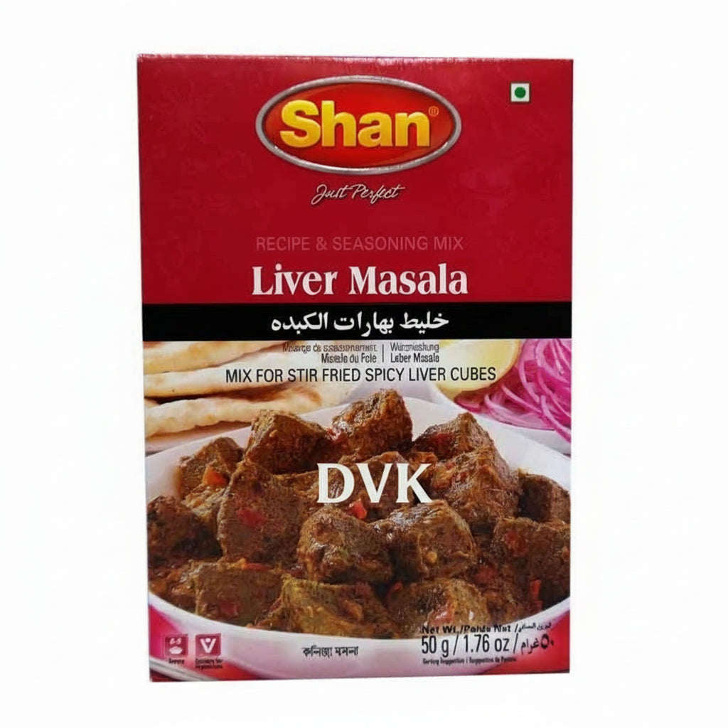 Shan Liver Masala spice mix packaging with images of liver cubes and naan bread.