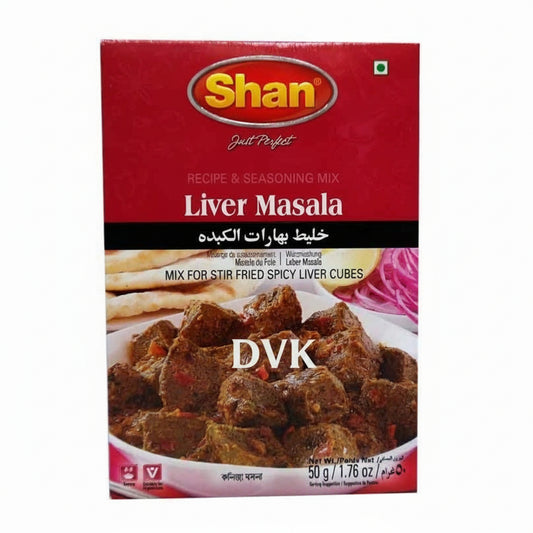 Shan Liver Masala spice mix packaging with images of liver cubes and naan bread.