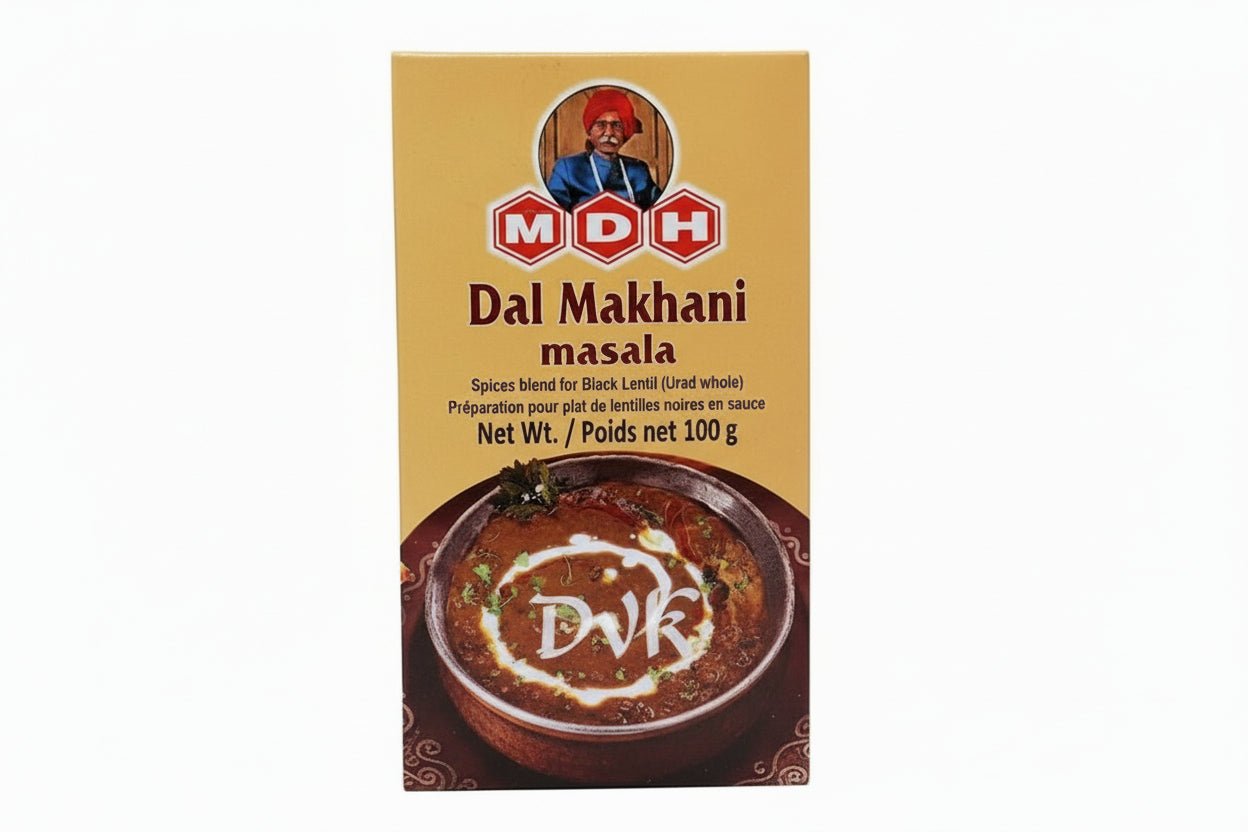 Box of MDH Dal Makhani masala with a picture of a man and a bowl of dal on a yellow background.