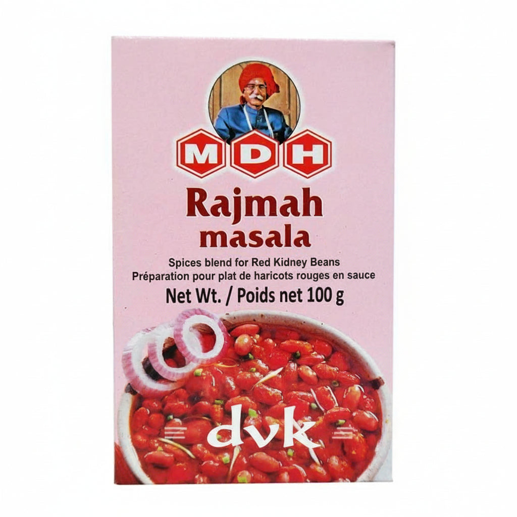 Box of MDH Rajmah masala spice blend with a picture of a bowl of red beans and onions.