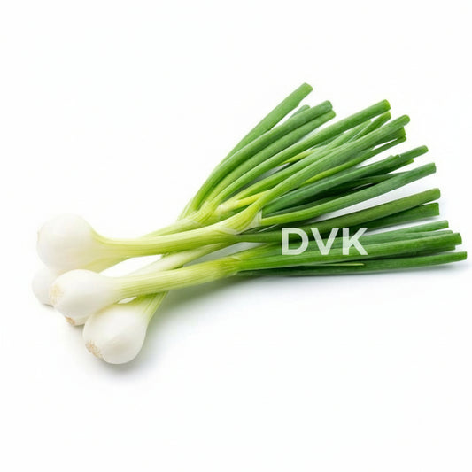 Bunch of green onions on a white background with 'DVK's' branding.