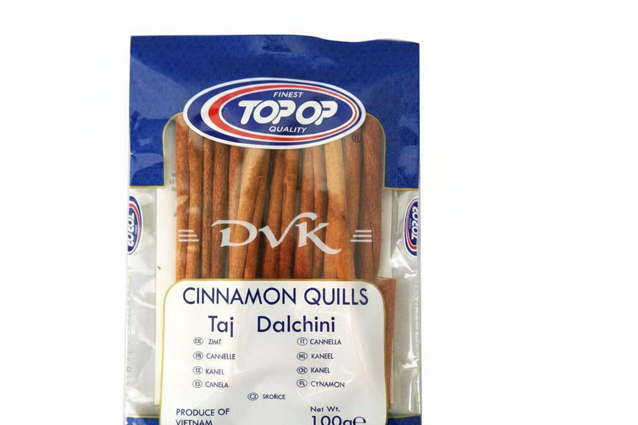 Packaged cinnamon quills with Topop branding on a white background