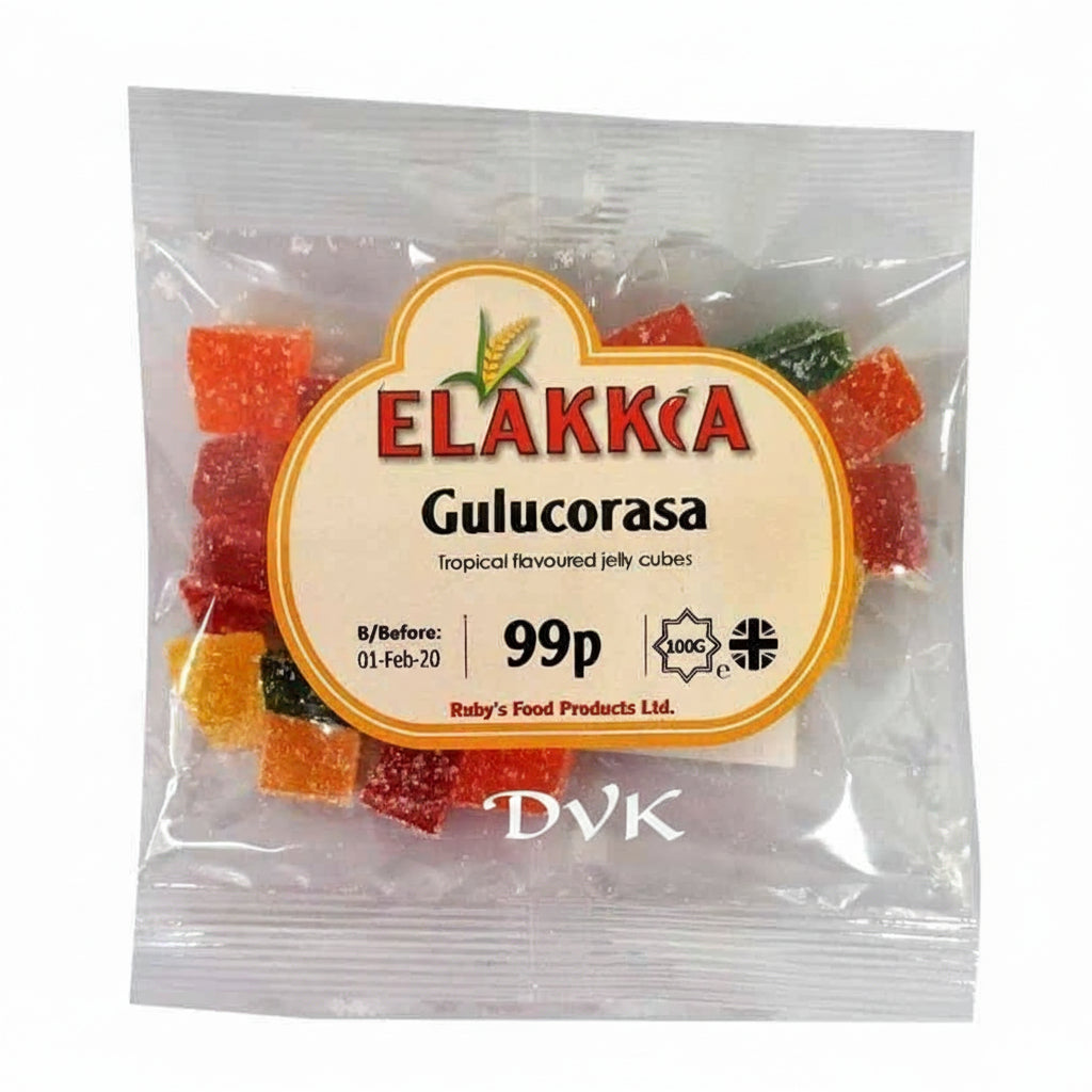 Packaged gummy candies with Elakkia label on a white background