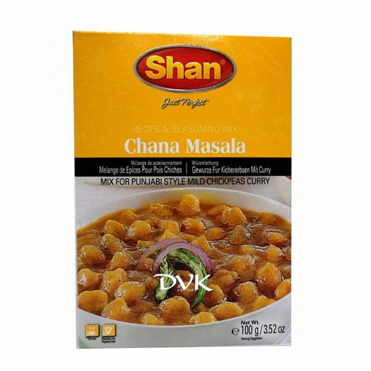Shan Chana Masala spice mix packaging on a white background