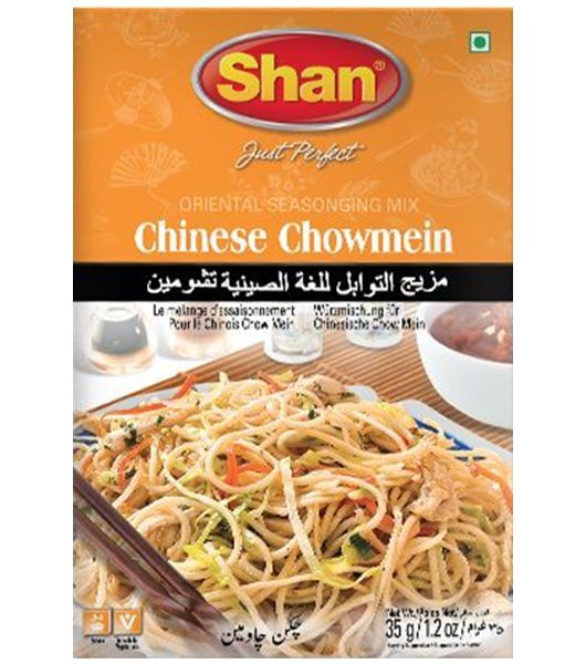 Shan Chinese Chow Mein seasoning mix packaging with noodles and chopsticks on an orange background