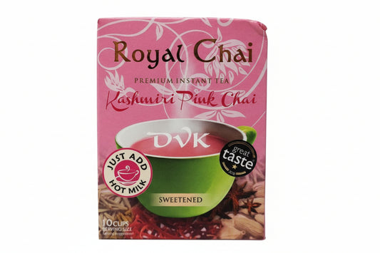 Box of Royal Chai Kashmiri Pink Chai with a green cup graphic on a pink background