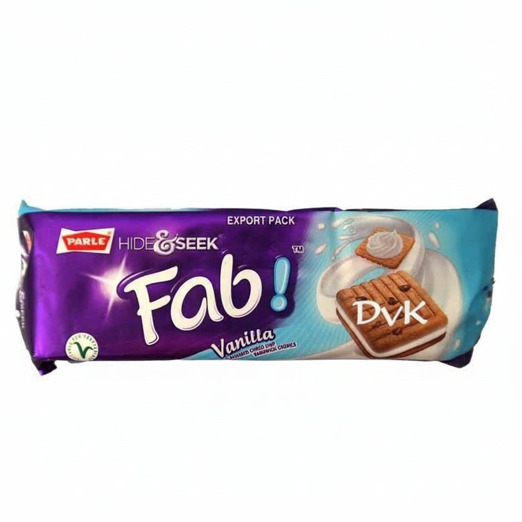 Packaged vanilla cookies with purple and blue design on a white background