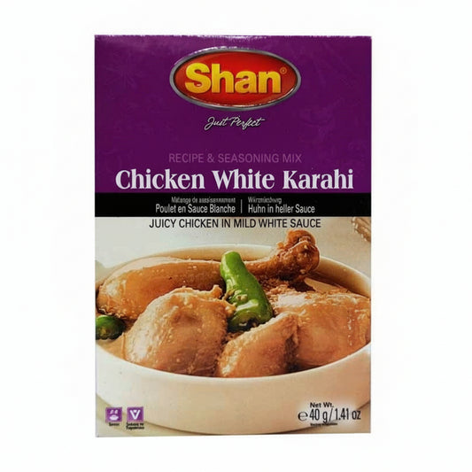 Shan Chicken White Karahi seasoning mix packaging with chicken dish on a white background