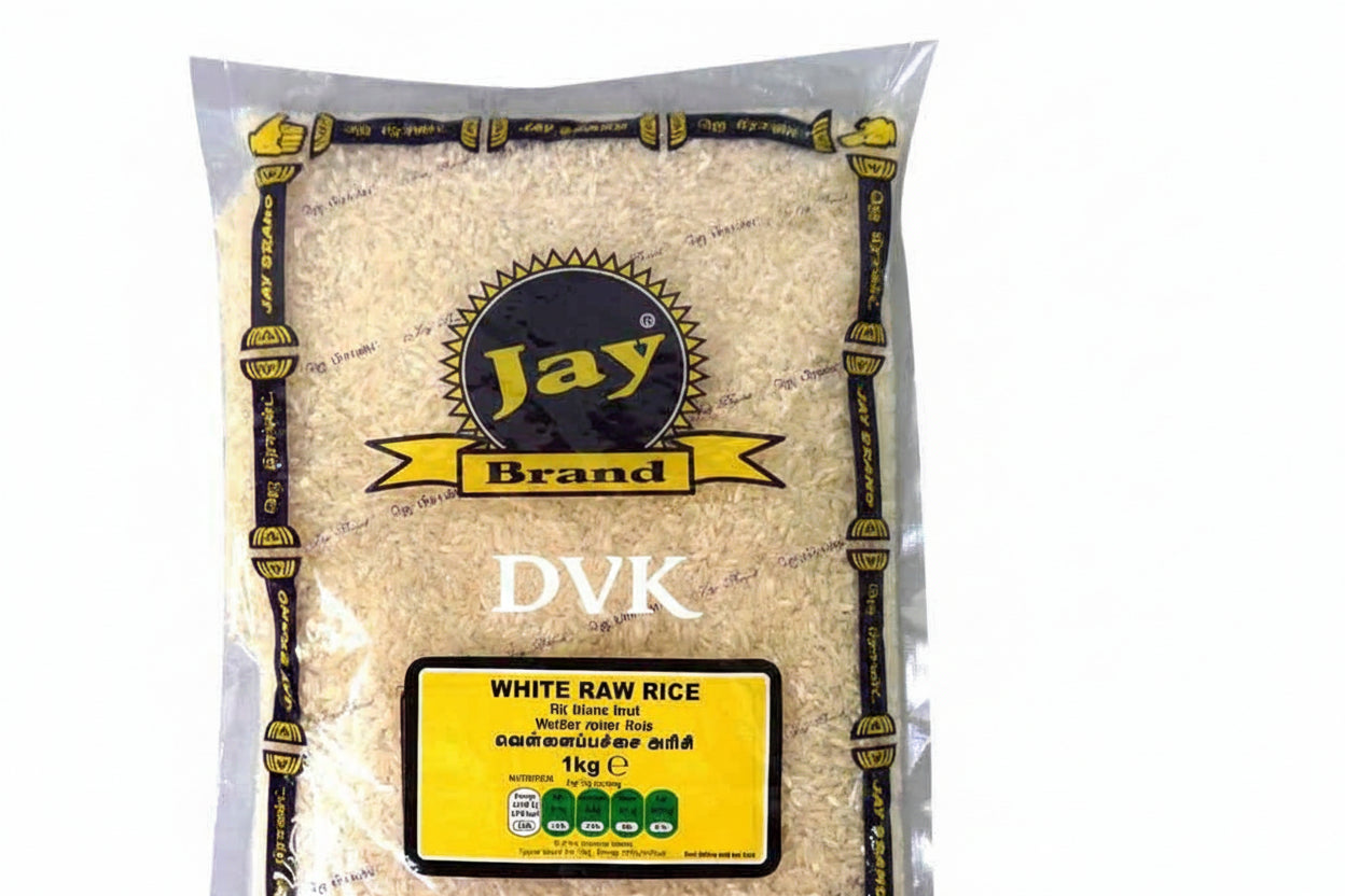 Packaged white raw rice with Jay Brand label on a white background