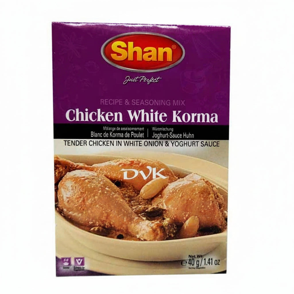 Shan Chicken White Korma seasoning mix packaging on a white background