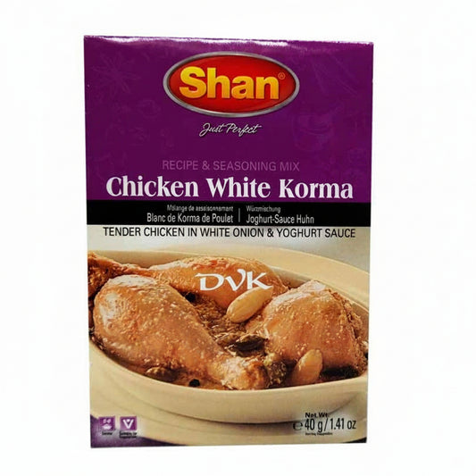 Shan Chicken White Korma seasoning mix packaging on a white background