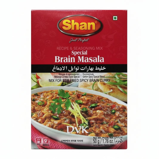 Shan Special Brain Masala seasoning mix packaging with a bowl of curry on a white background
