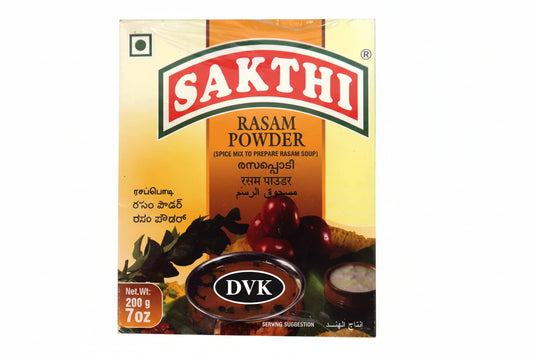Box of SAKTHI Rasam Powder with images of ingredients and a bowl of soup.