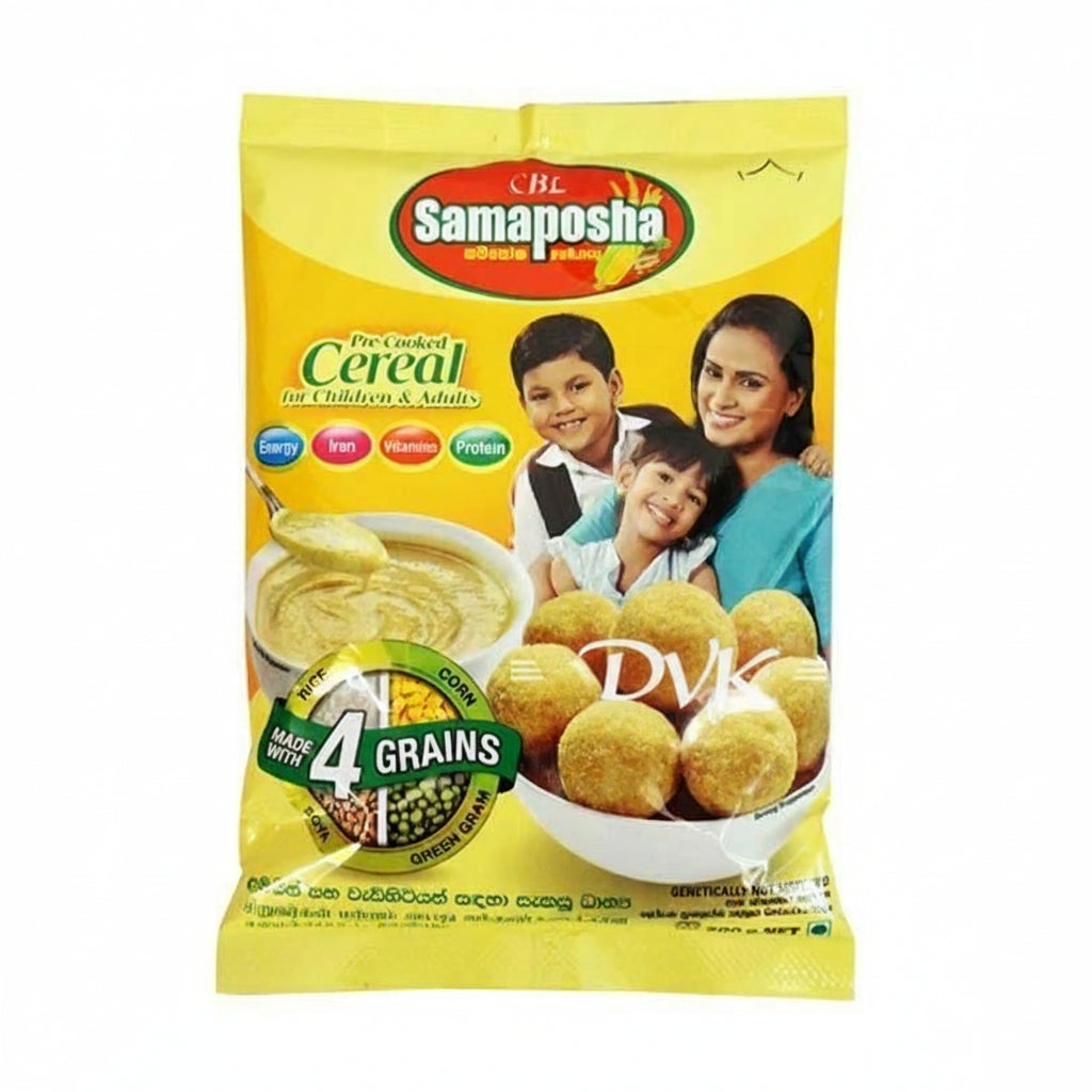 Yellow package of Samaposha cereal with images of a family and cereal balls.
