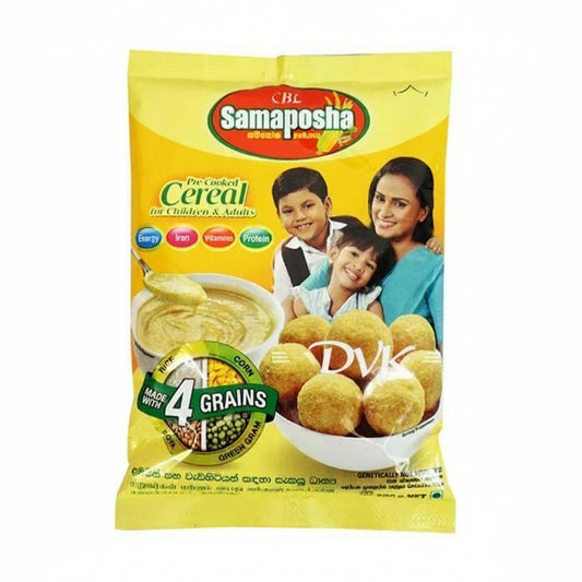 Yellow package of Samaposha cereal with images of a family and cereal balls.