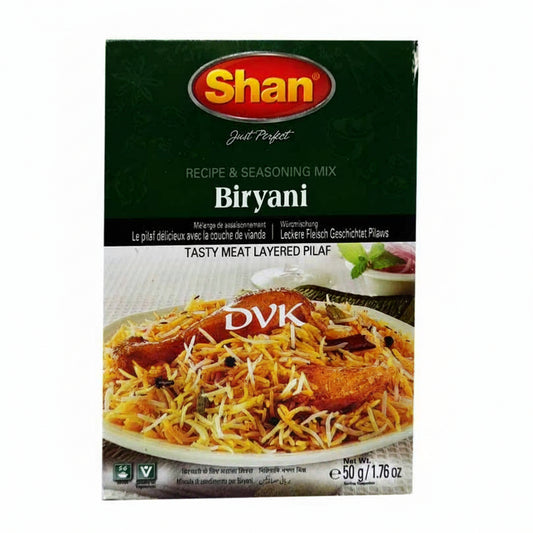 Shan Biryani seasoning mix packaging with a dish of biryani on a white background