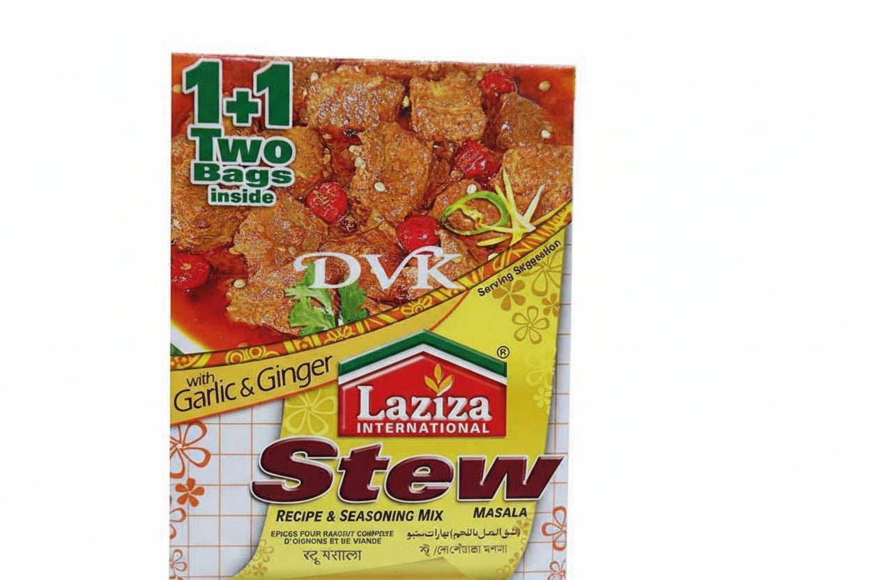 Laziza Stew recipe and seasoning mix packaging with garlic and ginger on a white background