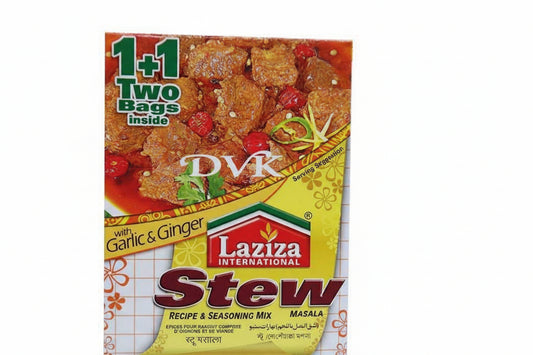 Laziza Stew recipe and seasoning mix packaging with garlic and ginger on a white background