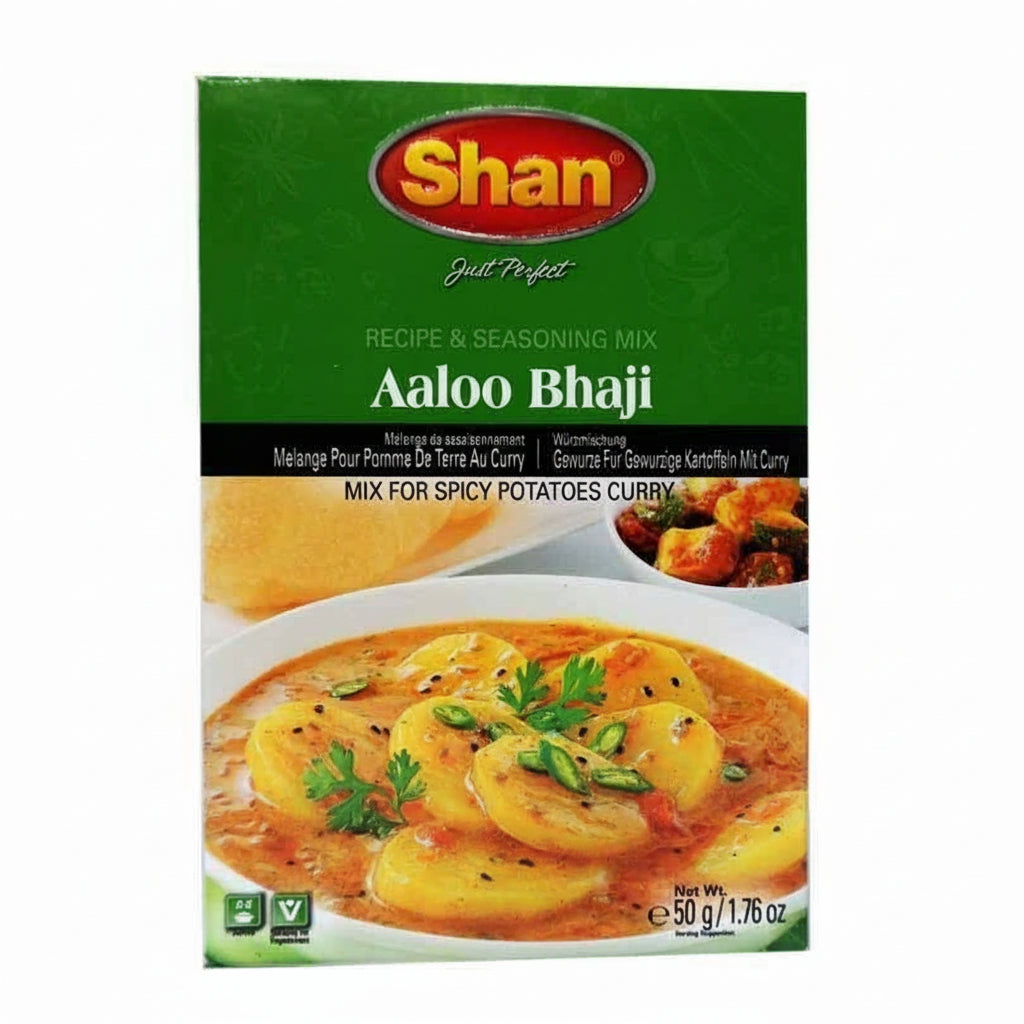 Shan Aaloo Bhaji seasoning mix packaging on a white background