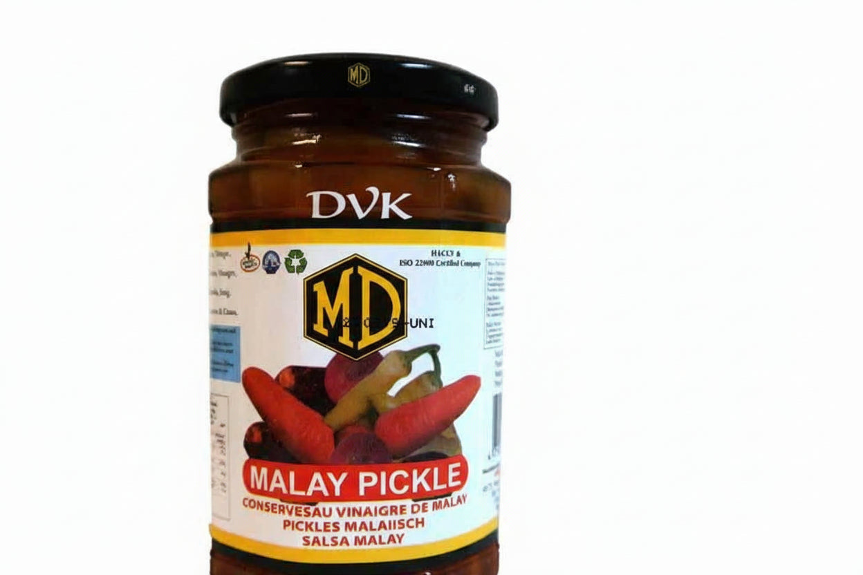 Jar of Malay pickle with visible brand label on a white background