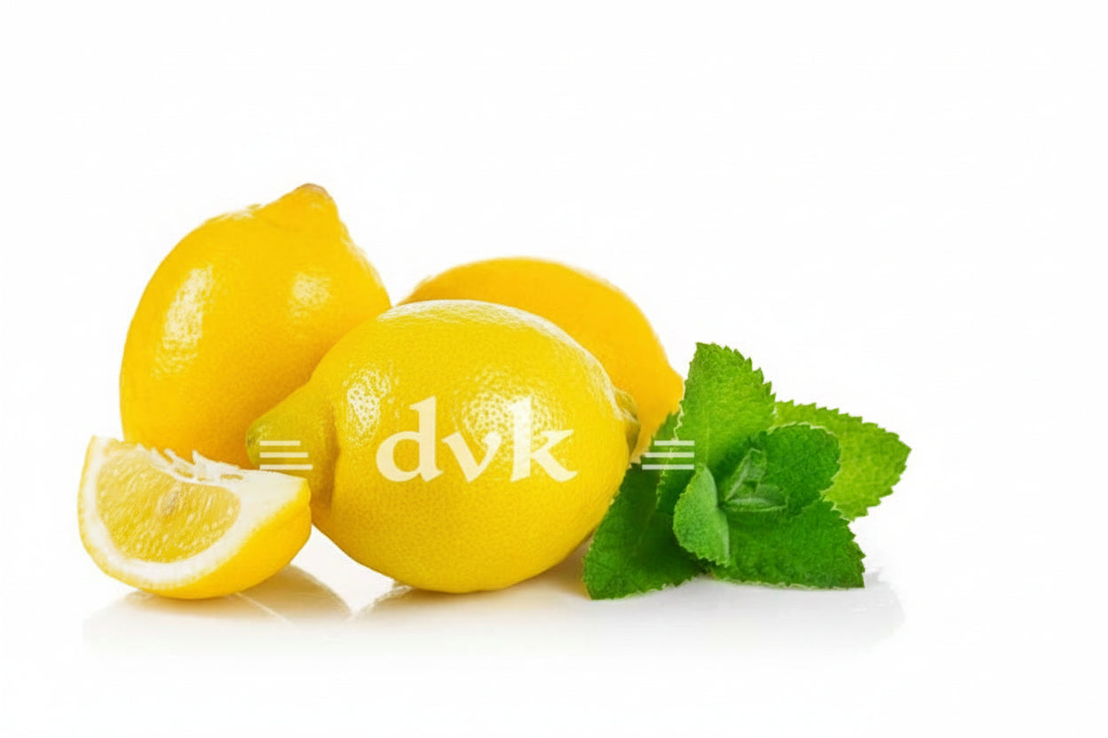 Three lemons with a slice and mint leaves on a white background, featuring the brand 'DVK's'.