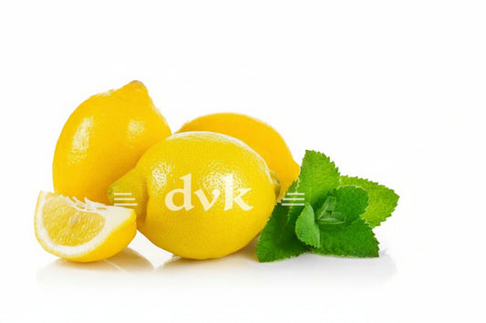 Three lemons with a slice and mint leaves on a white background, featuring the brand 'DVK's'.