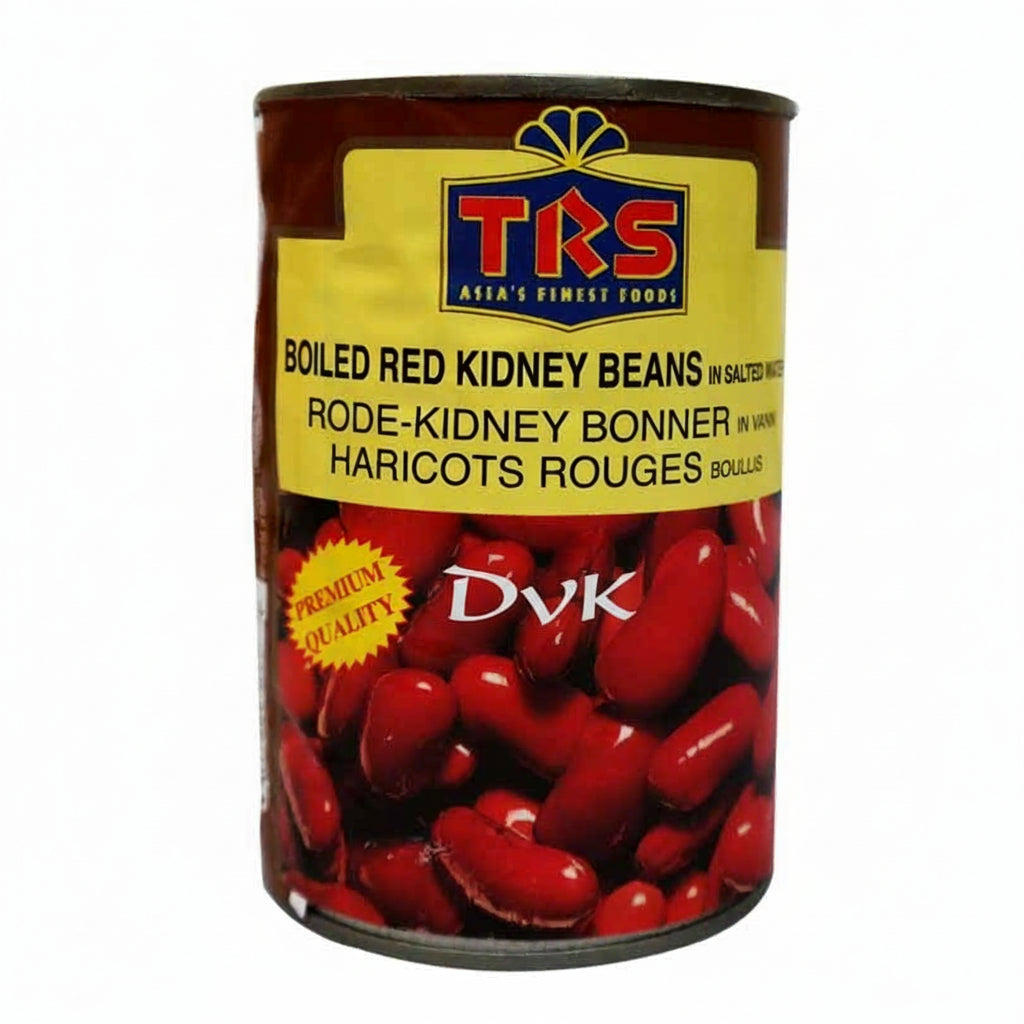 Can of boiled red kidney beans with TRS branding on a white background