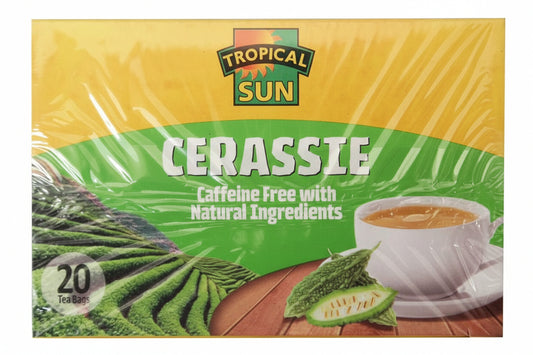 Tropical Sun Cerassie tea package with green and yellow design