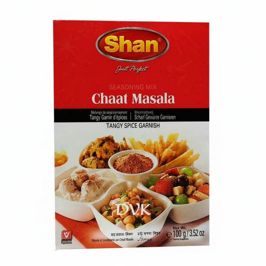 Shan Chaat Masala seasoning mix packaging on a white background