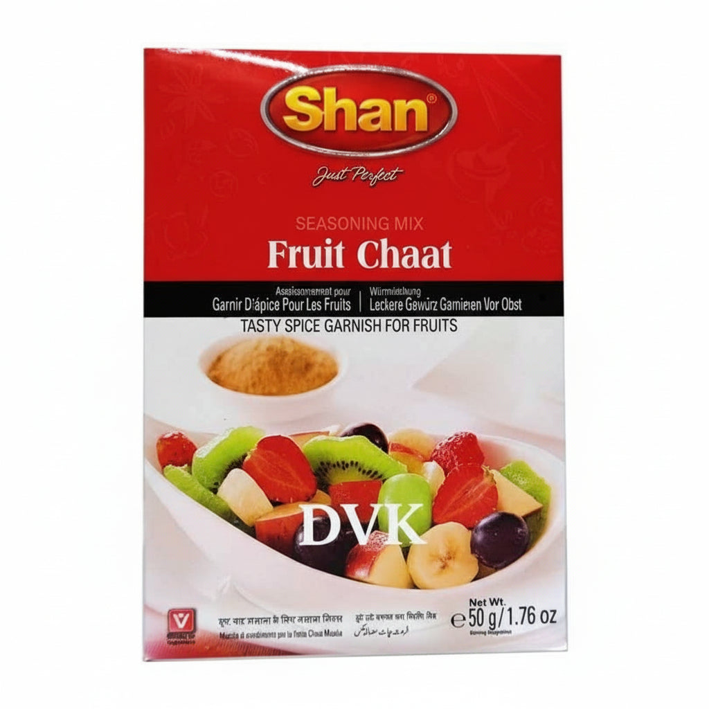 Shan Fruit Chaat seasoning mix packaging on a white background