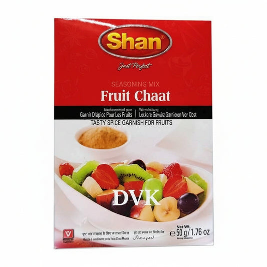 Shan Fruit Chaat seasoning mix packaging on a white background