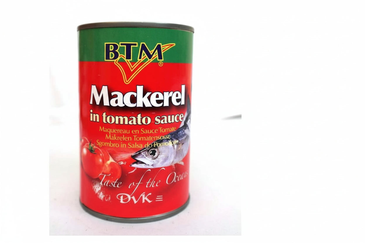Can of mackerel in tomato sauce with 'BTM' branding on a white background