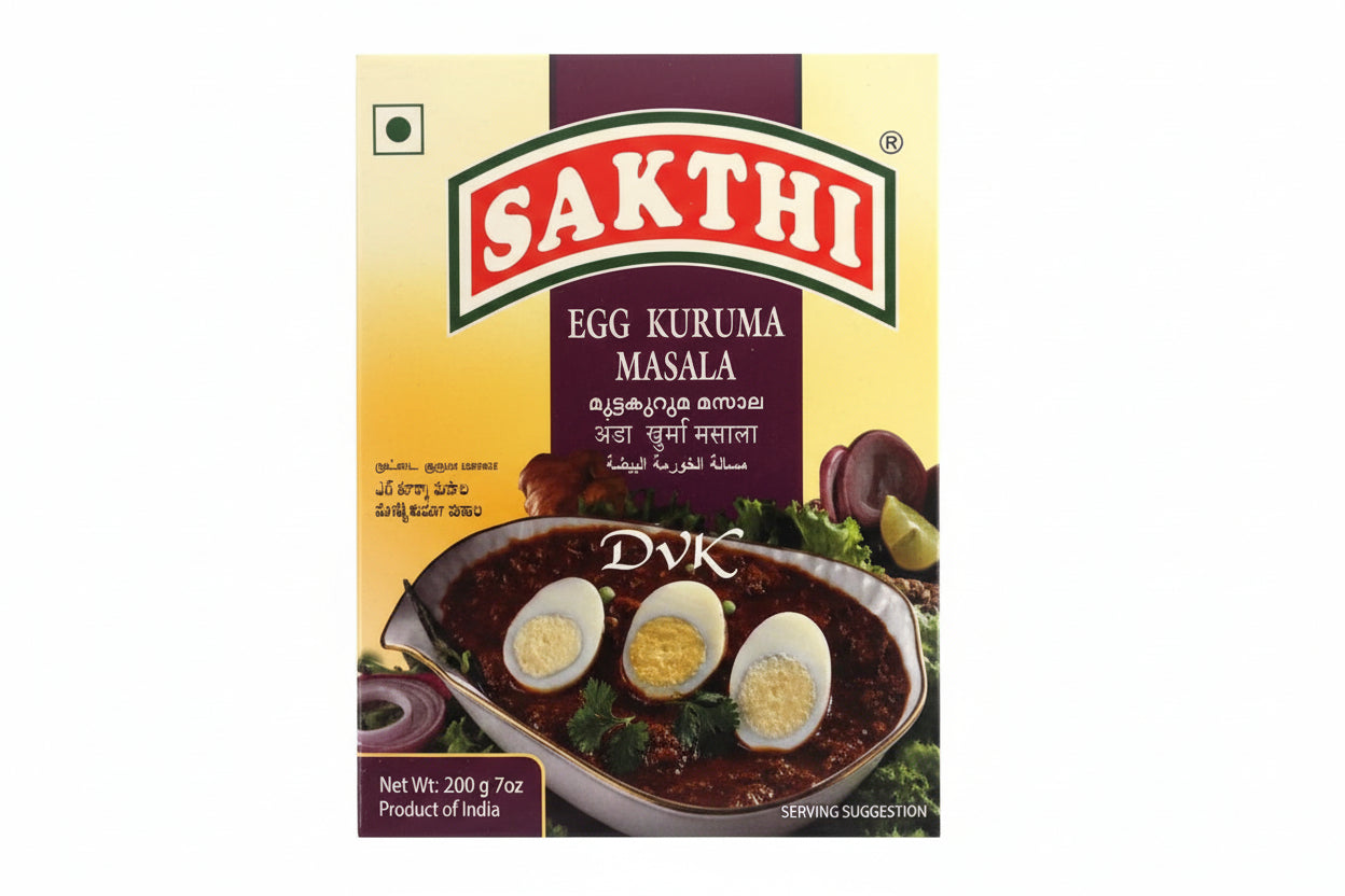 Sakthi Egg Kuruma Masala packaging with an image of eggs and sauce on a white background
