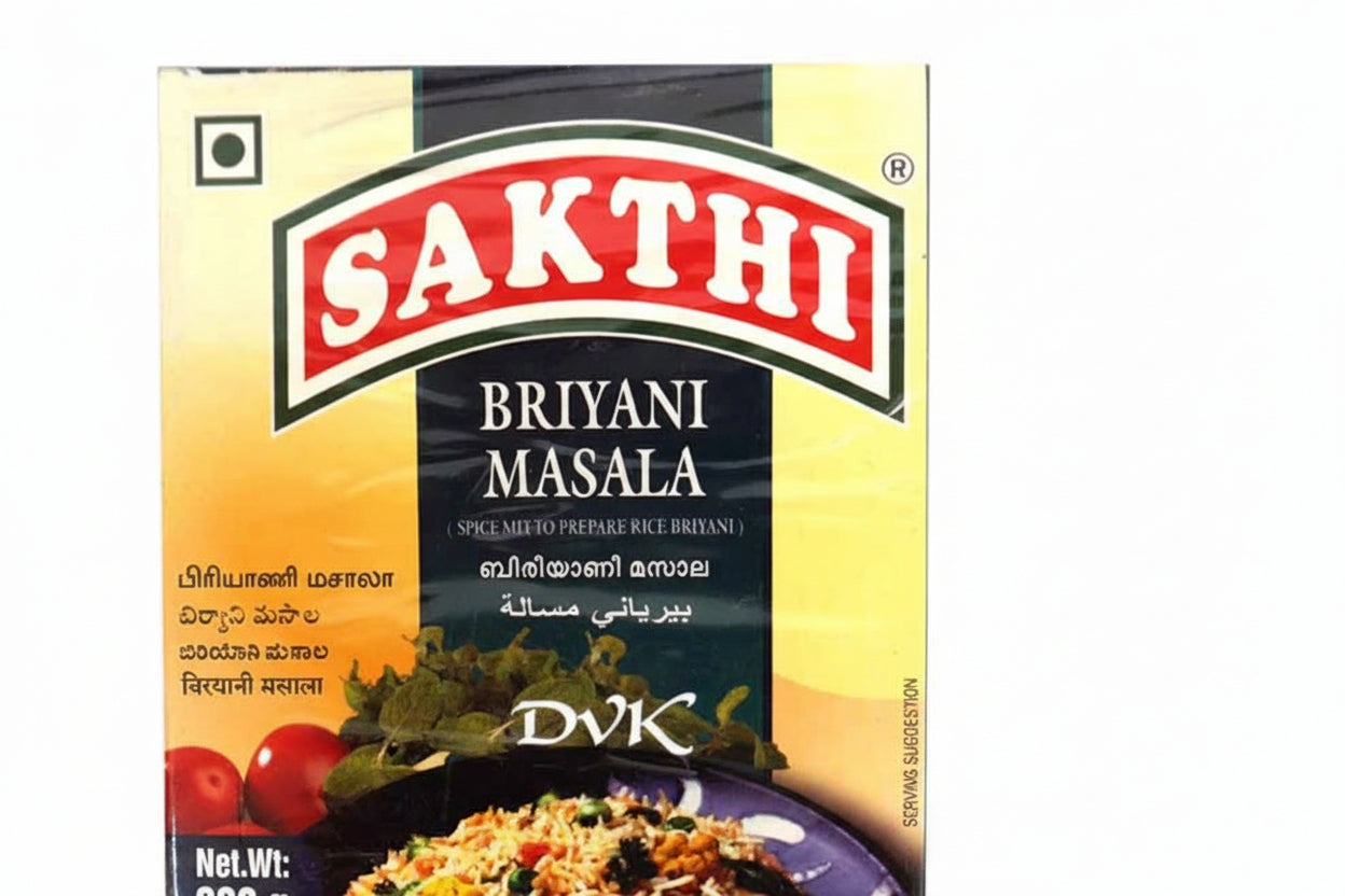 Sakthi Briyani Masala spice mix packaging with a picture of biriyani on a white background